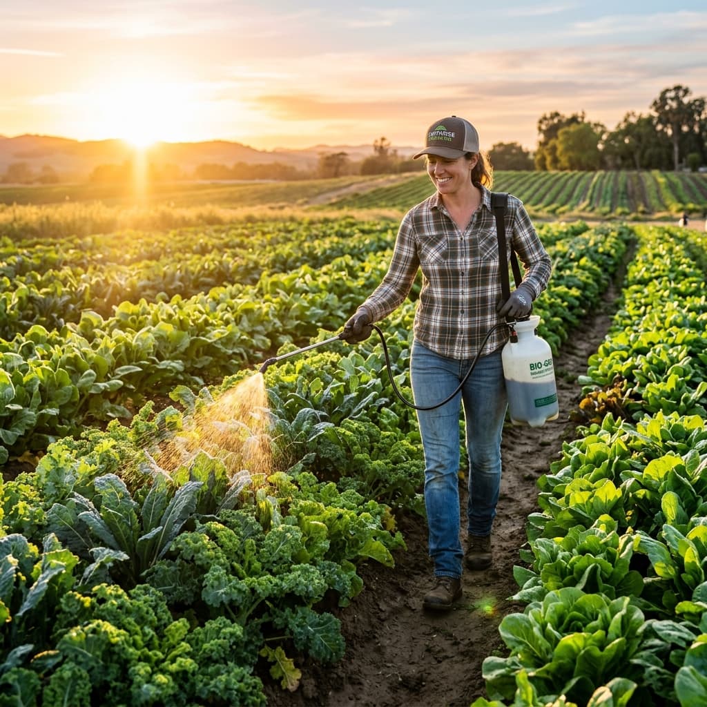 Farmer applying Bio Fertilizer in healthy crop field